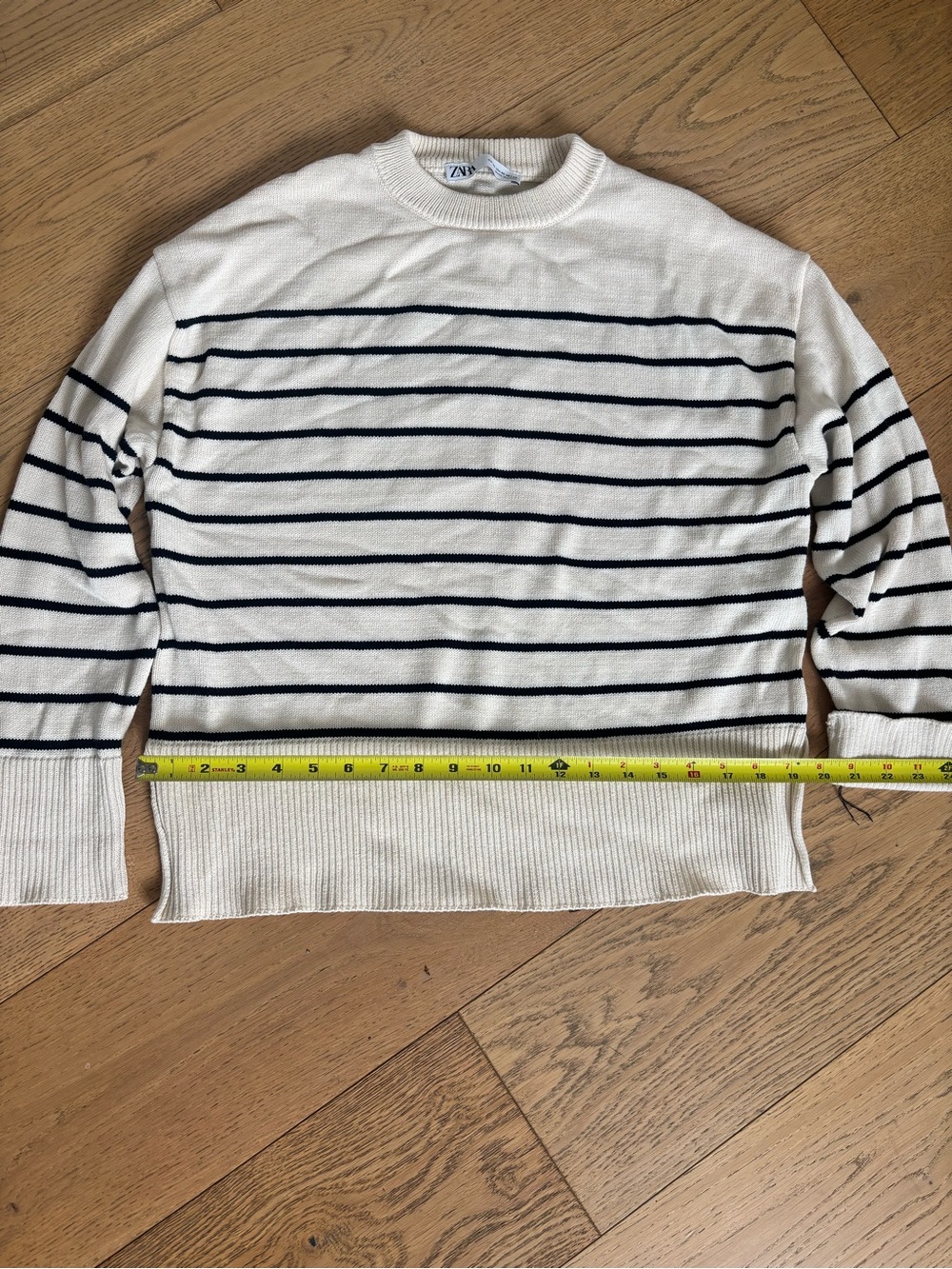 Zara Women Cream and Navy Striped Crewneck Sweater
